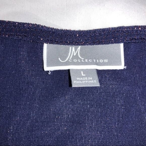 JM Collection Navy Metallic Stripe Asymmetrical Hem Top L - Picture 3 of 4